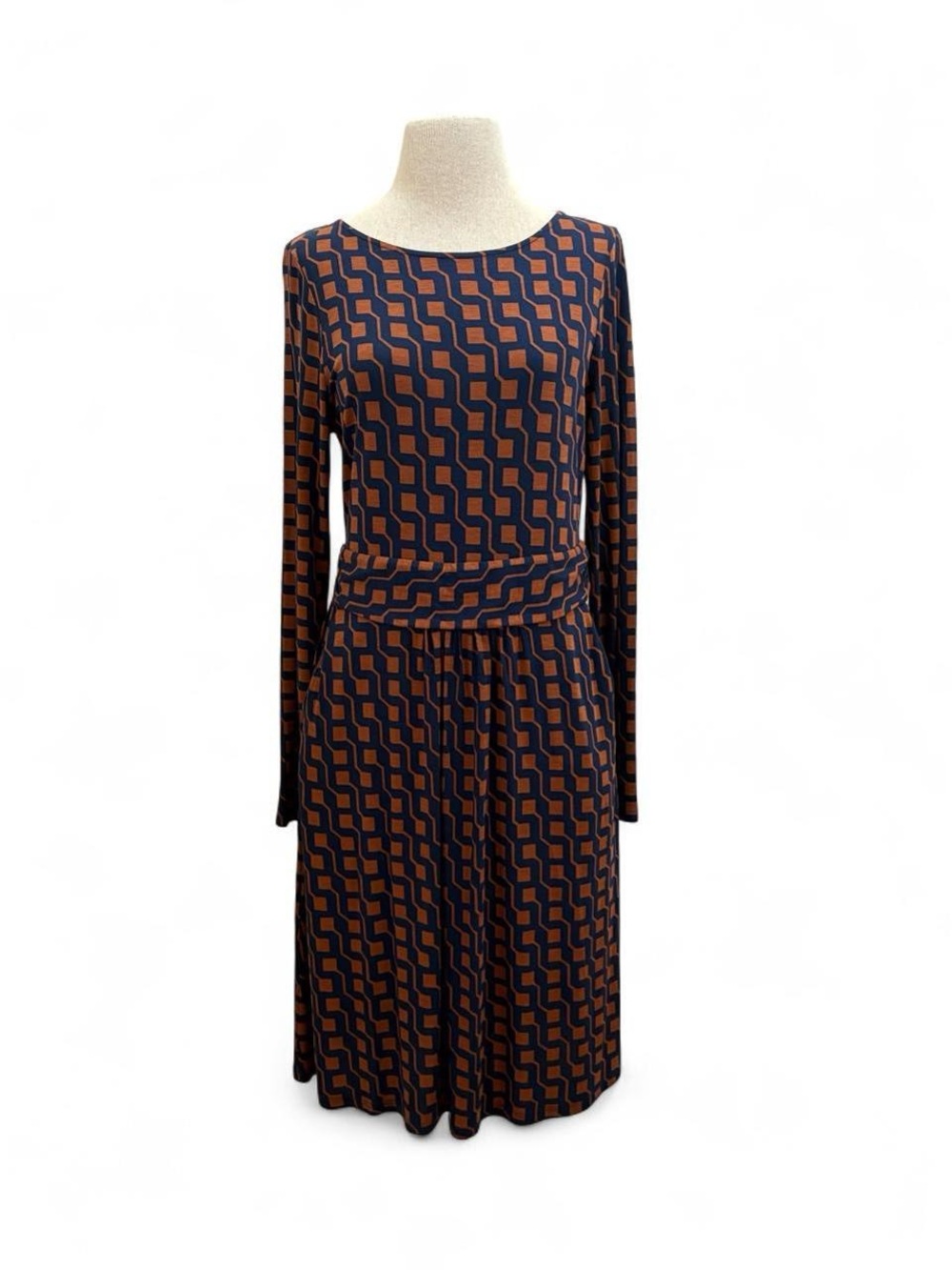 Boden NEW Abigail Long Sleeve Jersey Dress in Cognac Cube Geometric Sz 10 Medium